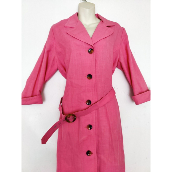 Vintage HENRY LEE 1970's LINEN SHIRT DRESS Belted Buttons Hot Pink SZ Med - Picture 3 of 8